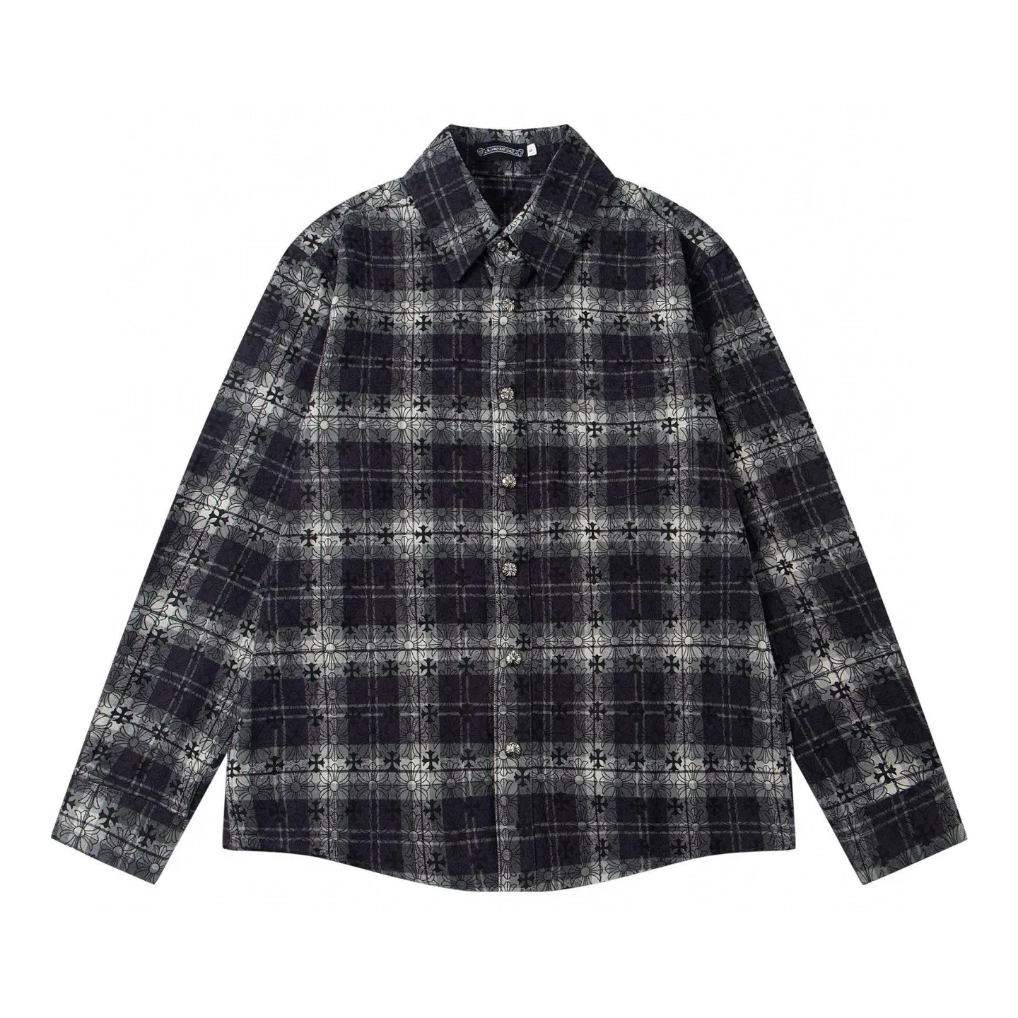 P230 Style number: G008 Chrome Hearts classic cashew flower cross all-over printed jacquard long-sleeved top casual shirt for couples 1️⃣Customized original jacquard fabric, high-quality pure cotton jacquard plaid fabric, soft and comfortable to the touch, a very high-quality fabric! 2️⃣The details of the workmanship are perfectly controlled. The lining is made of vest hemming, and the cuffs are made of double cross leather labels. It is different from the ordinary version. The collar is also designed with interlining, which shows high-end fashion and personality. The style is fashionable, simple and elegant, and it is a very versatile jacket! 4⃣️Complete accessories, all customized with original versions! Same style for men and women Color: cashew black Size: S, M, L, XL